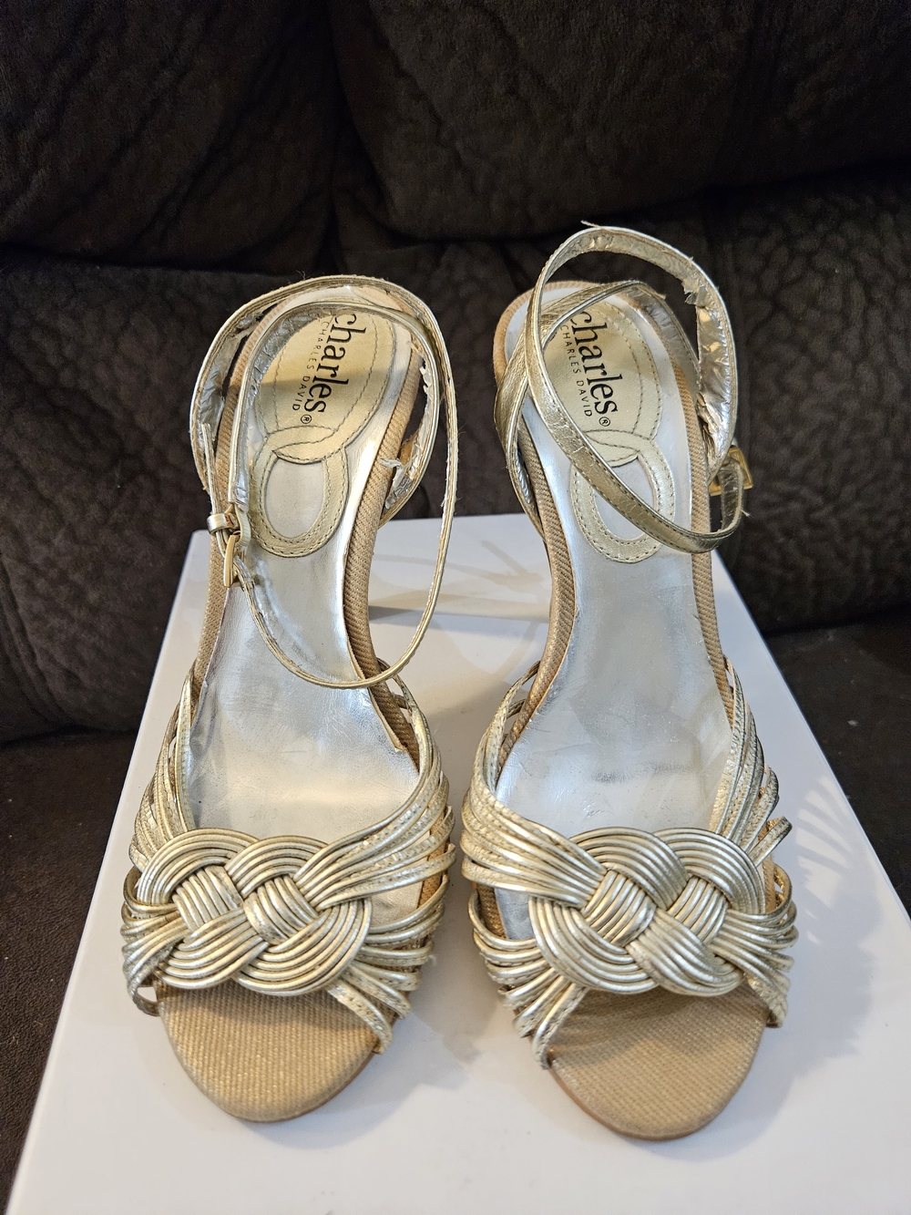 Charles By Charles David Metallic Gold Braided Ankle-Strap Heels